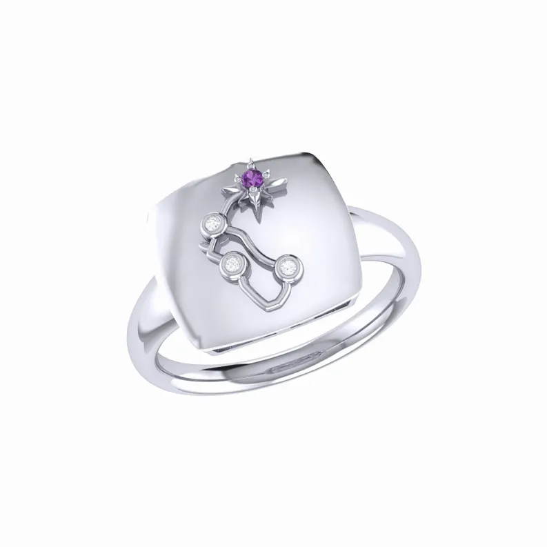 Aquarius Water-Bearer Amethyst & Diamond Constellation Signet Ring in Sterling Silver