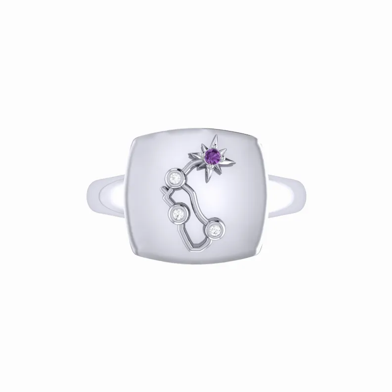 Aquarius Water-Bearer Amethyst & Diamond Constellation Signet Ring in Sterling Silver