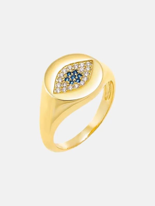 Colored Pave Evil Eye Signet Pinky Ring