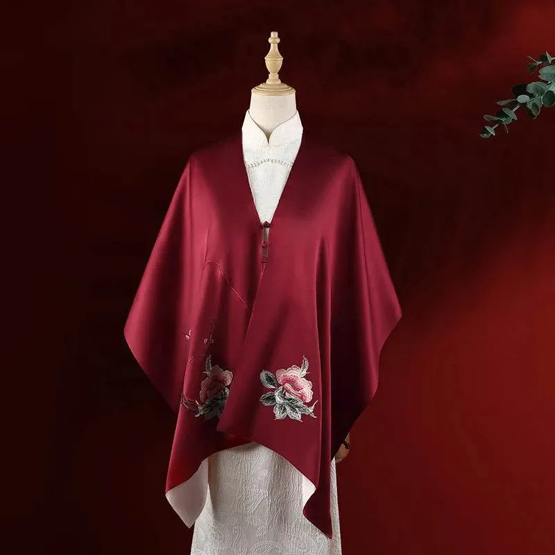 Embroidery Luxurious 16 Momme Silk Satin Red Shawl 185x45cm