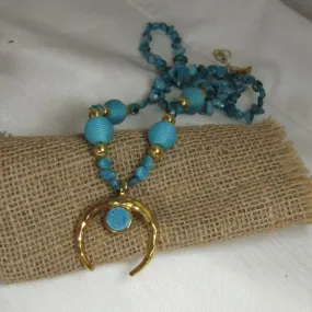 Long Turquoise Chip Necklace with  Gold Pendant
